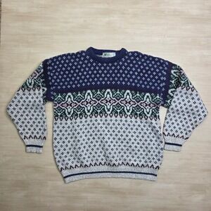 Vintage REI Fair Isle Sweater Mens XL Navy Blue Green Cotton Knit Made in USA